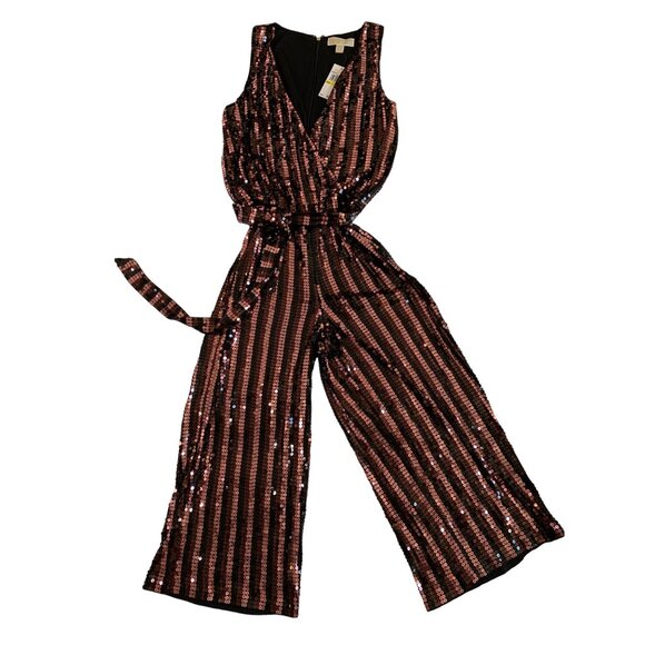 Michael Kors Sequin surplice Jumpsuit M Stretch Crop Wide Leg Sleeveless 7796 - Picture 3 of 16